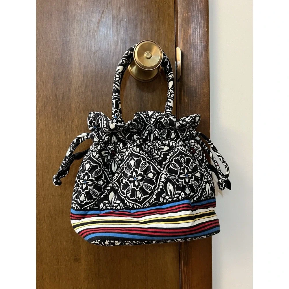 VERA BRADLEY Black White Stripe Barcelona Floral Pattern Bucket Bag Purse - Picture 2 of 8